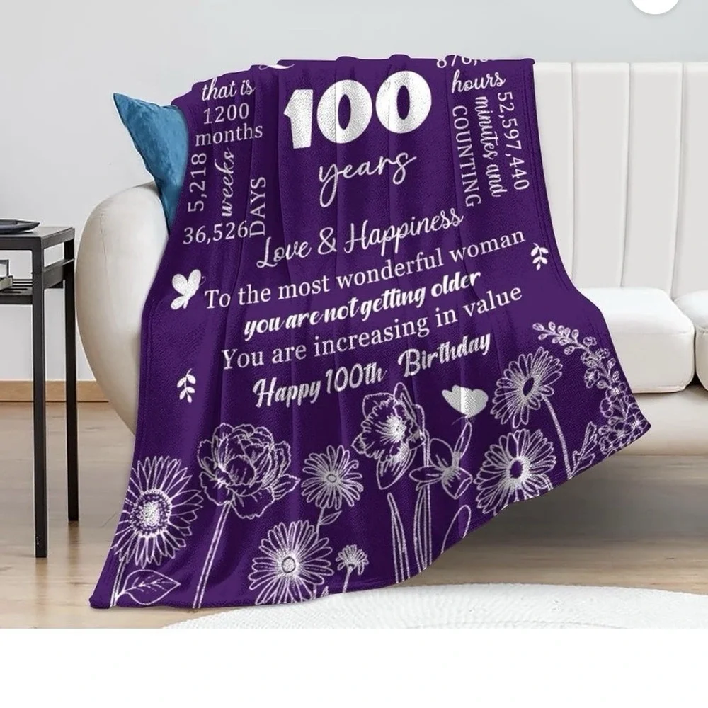 100th Birthday Blanket, 50x60,‎ Gift, Women, Grandma, 100 Year Old, Decor